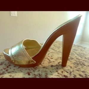 Versace, Gold Leather, vintage wooden platform.